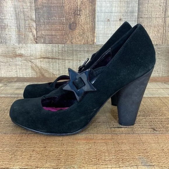 Betseyville Black Leather Star Strap Heels Womens 9M Slip On - Picture 7 of 15